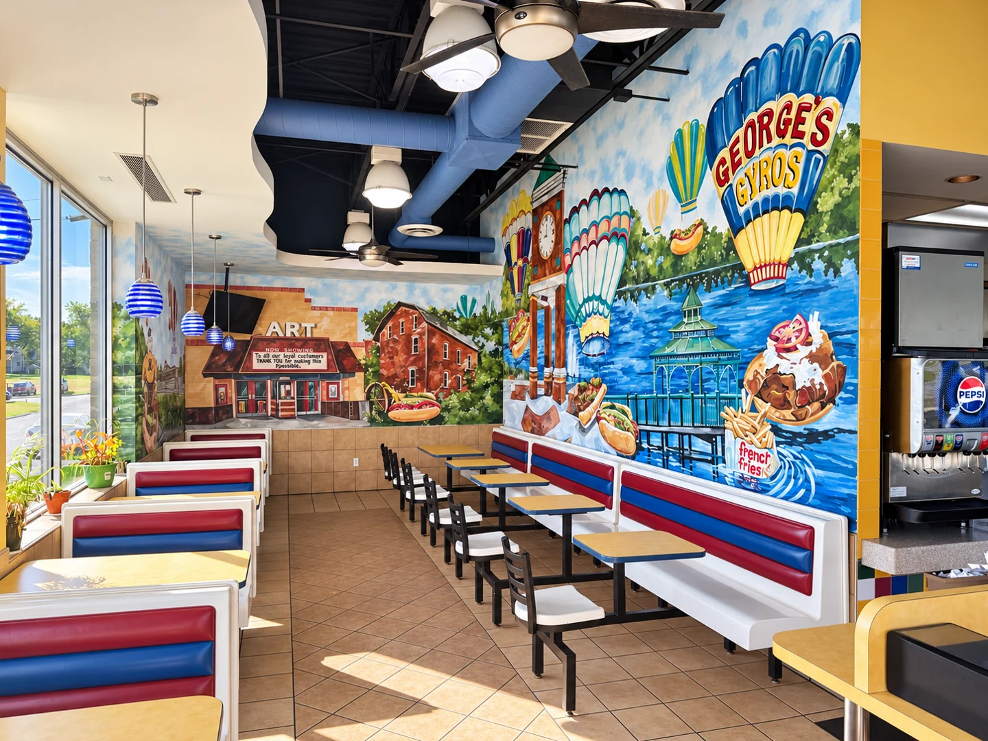 George’s Gyros dining room in Hobart, featuring its colorful local mural and red-and-blue booths